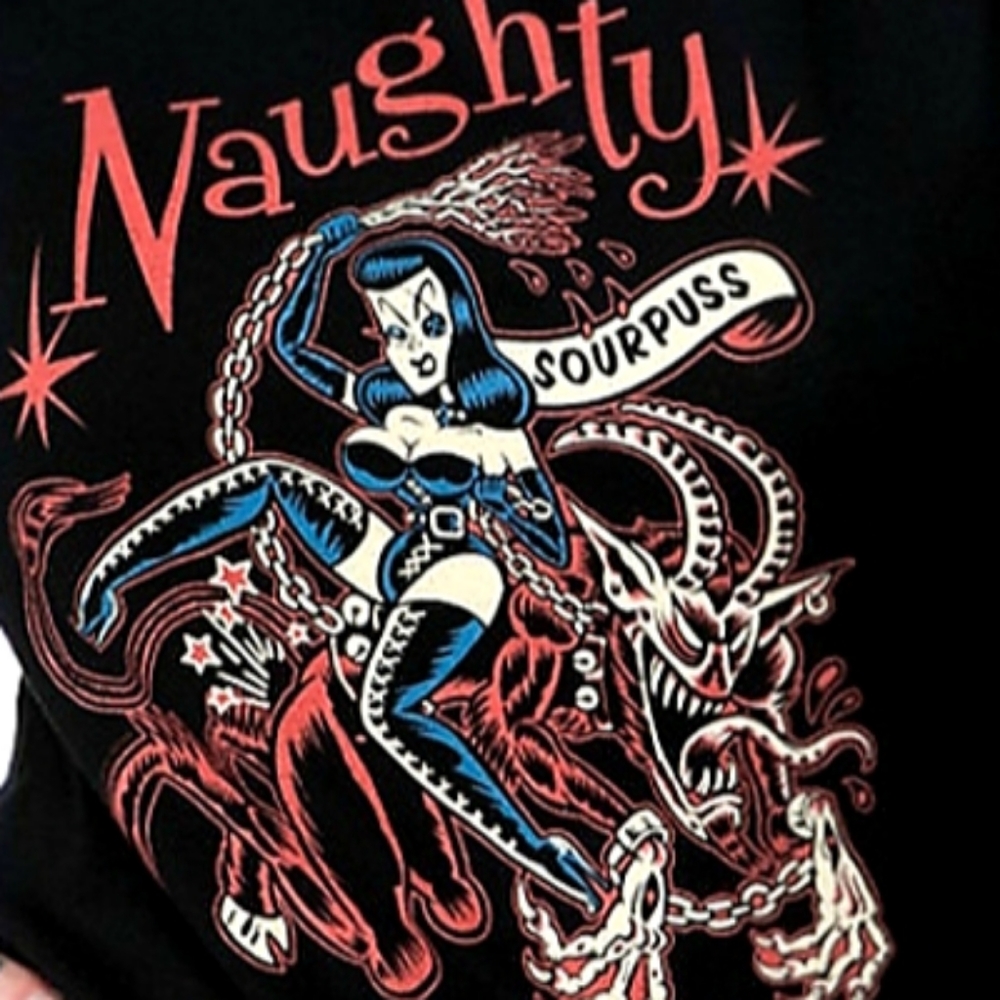 Sourpuss Naughty Natasha Fatale Riding Krampus Monster Tattoo Art Top
